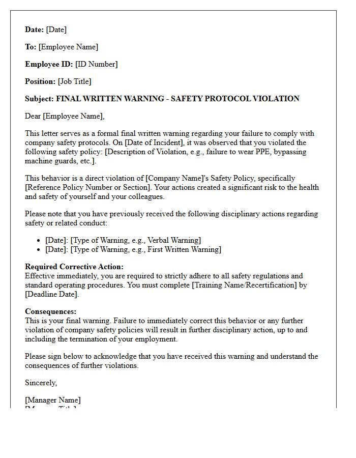 Final Written Warning Letter for Safety Protocol Violation