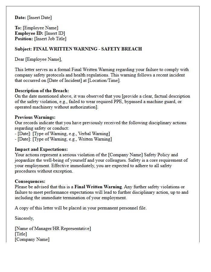 Human Resources Official Letter of Final Warning for Safety Breach
