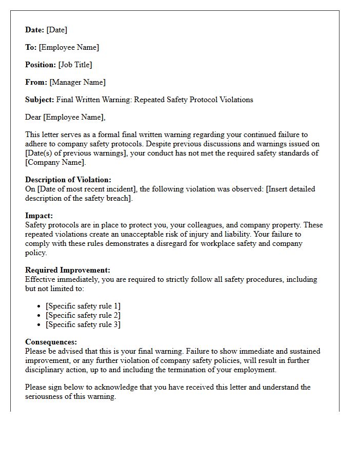 Final Written Warning Letter Regarding Repeated Safety Protocol Violations