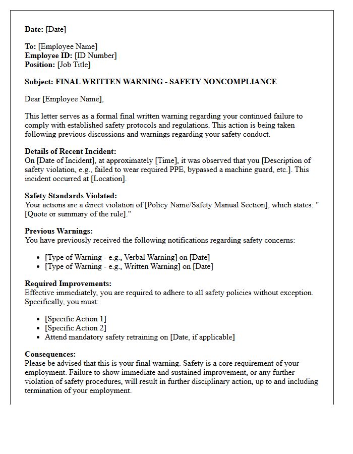 Notice of Final Written Warning Letter for Safety Noncompliance