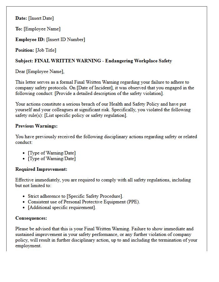 Final Written Warning Letter for Endangering Workplace Safety