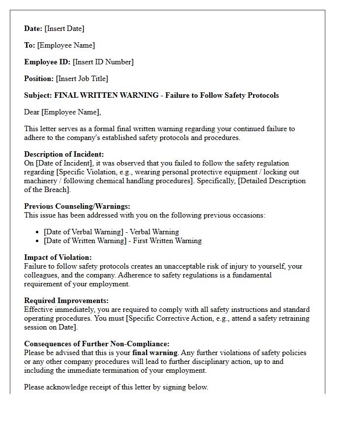 Human Resources Final Warning Letter for Failure to Follow Safety Protocols