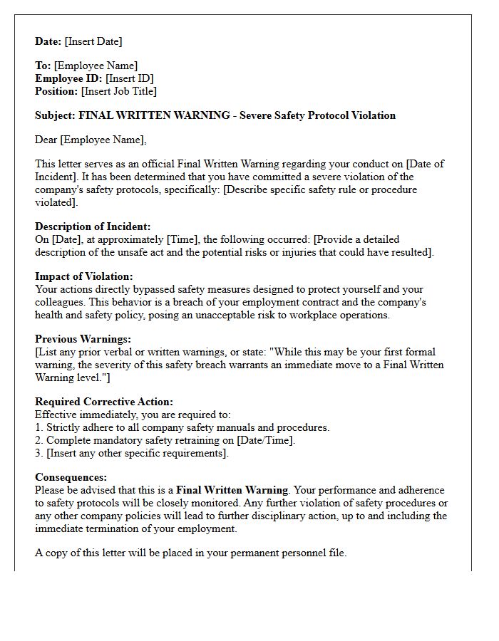 Official Final Written Warning Letter for Severe Safety Protocol Violation