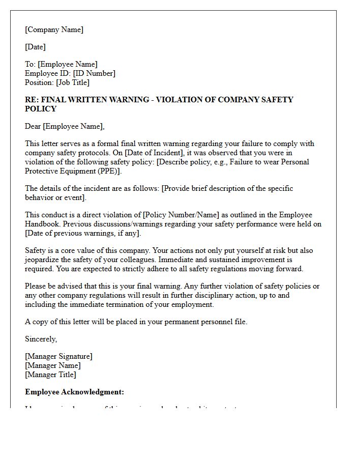 Final Written Warning Letter for Violation of Company Safety Policy