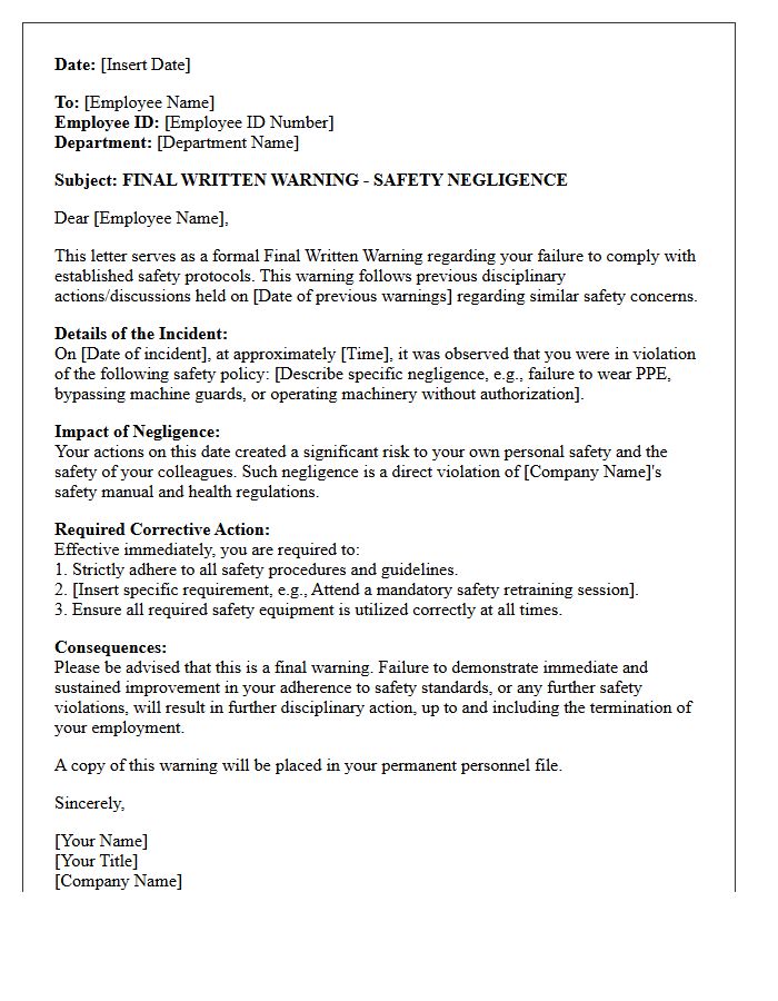 Human Resources Letter of Final Written Warning for Safety Negligence