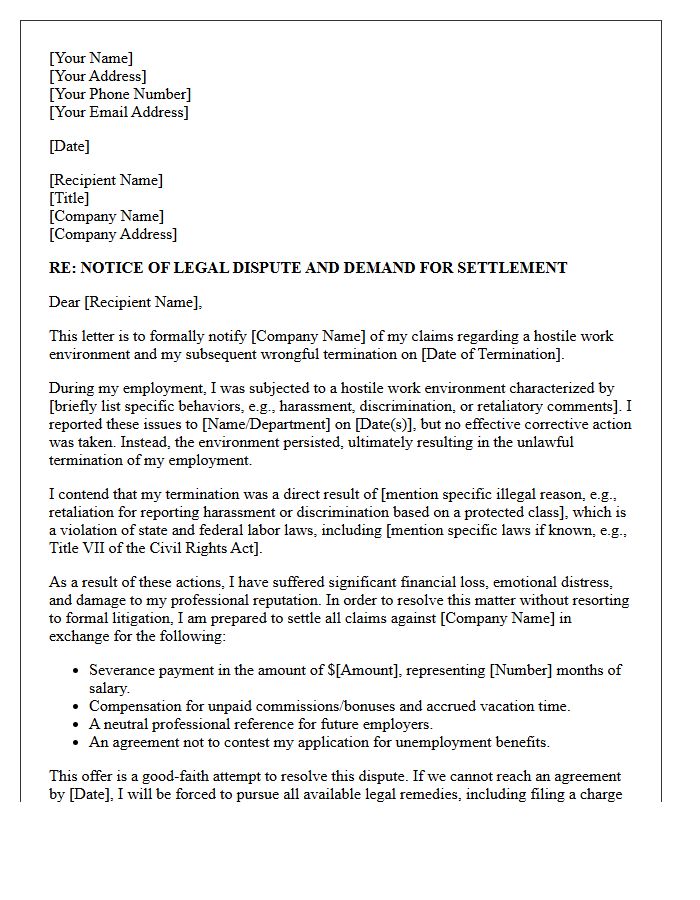 Hostile Work Environment Wrongful Termination Demand Letter