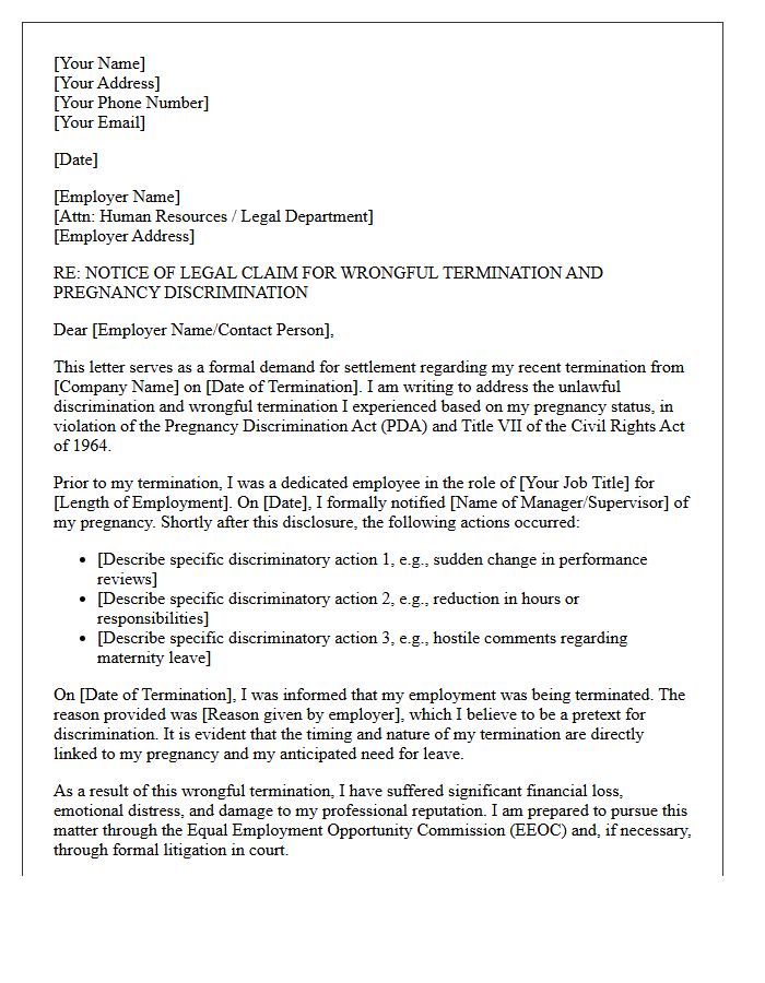 Pregnancy Discrimination Wrongful Termination Demand Letter
