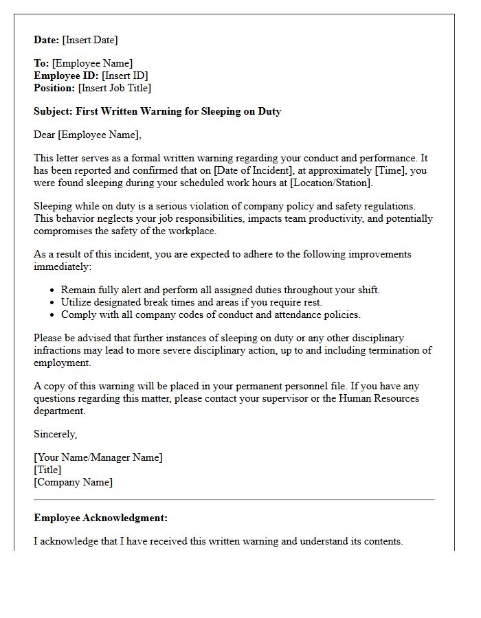 First Written Warning Letter for Sleeping on Duty