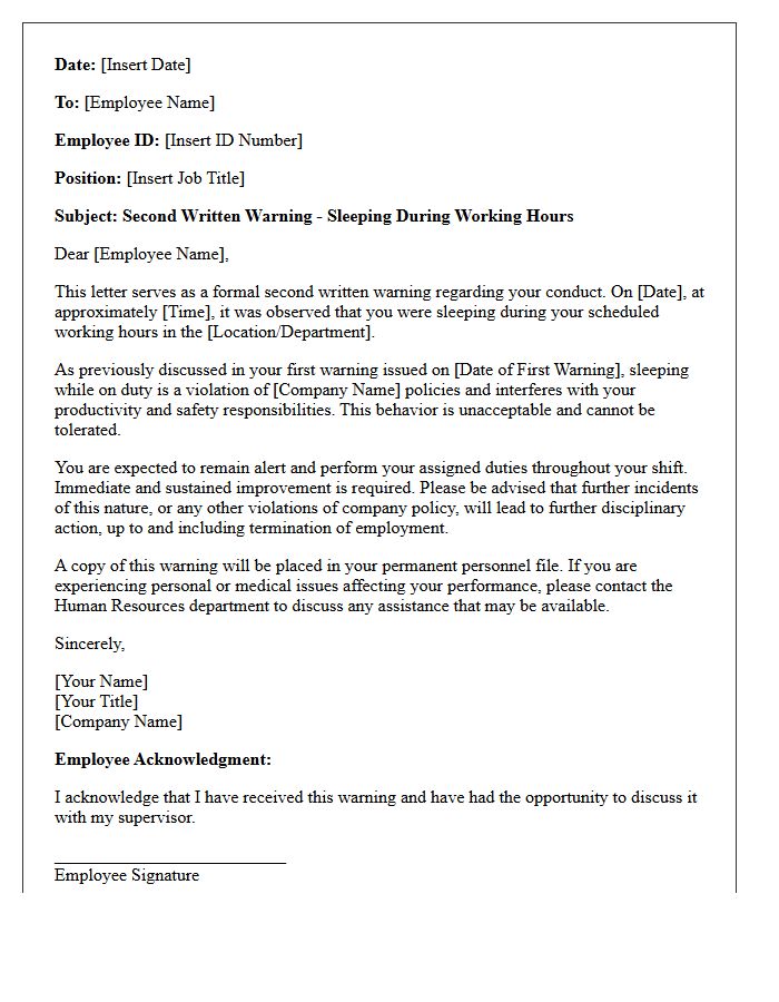 Second Written Warning Letter for Sleeping During Working Hours