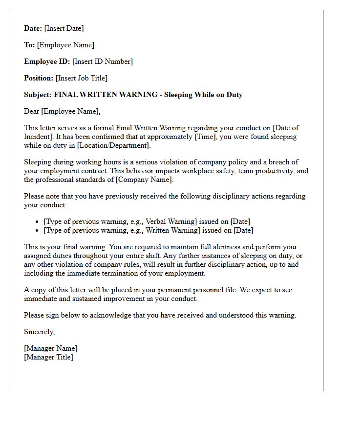 Final Written Warning Letter for Sleeping While on Duty
