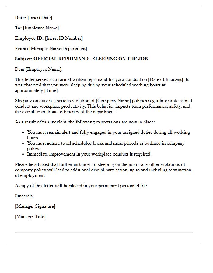 Official Reprimand Letter for Sleeping on the Job