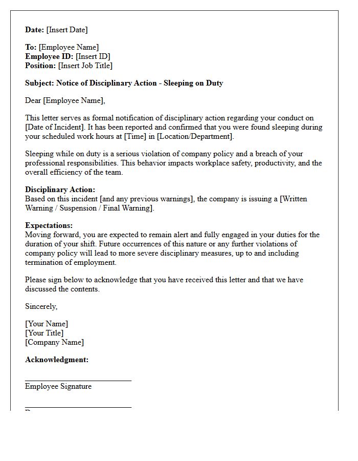 Disciplinary Action Letter for Sleeping on Duty