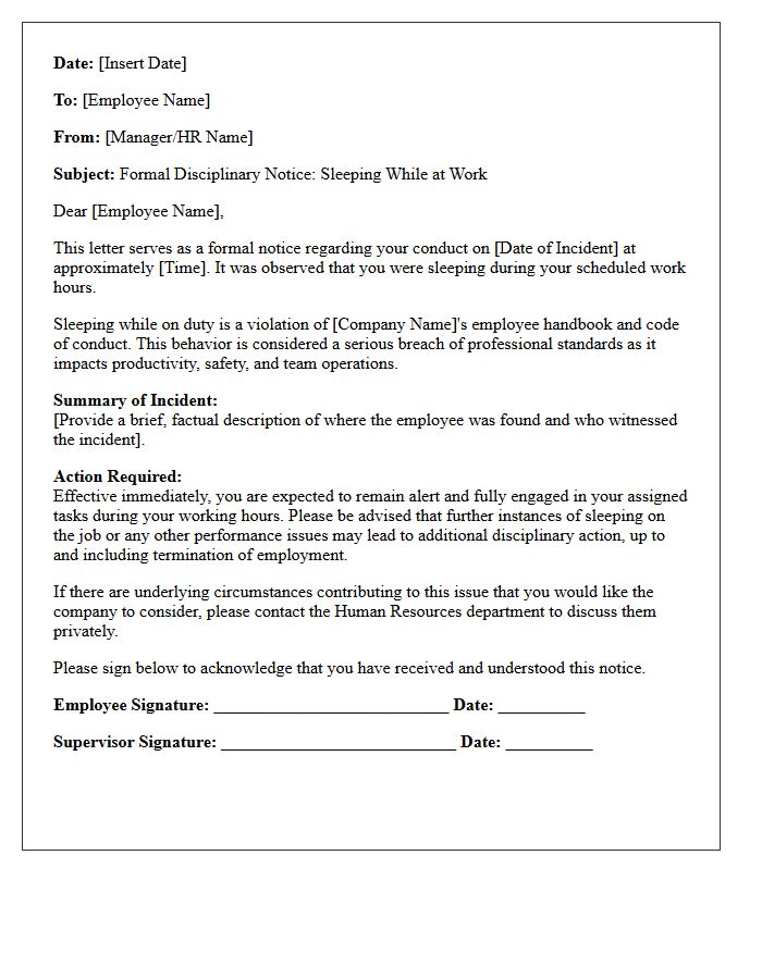Human Resources Notice Letter for Sleeping While at Work