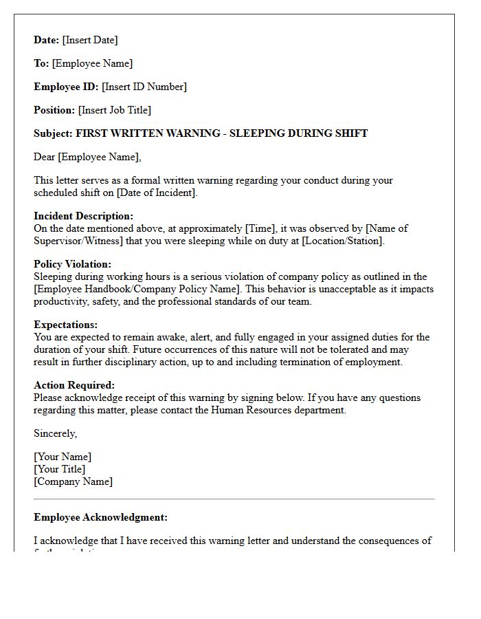 Incident Report Warning Letter for Sleeping During Shift