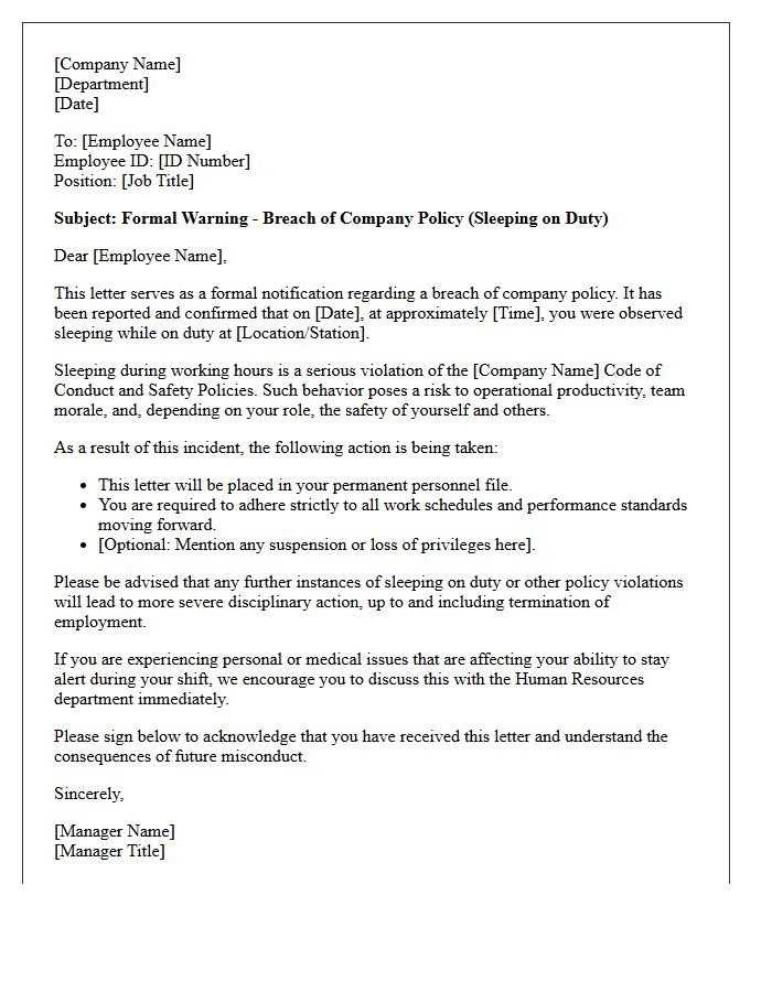 Breach of Company Policy Letter for Sleeping on Duty