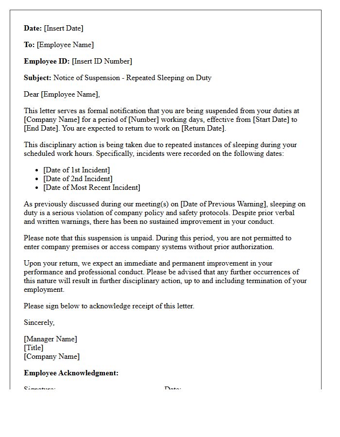Suspension Notice Letter for Repeated Sleeping on Duty