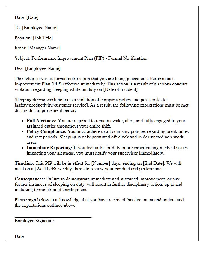 Performance Improvement Plan Letter Following Sleeping on Duty
