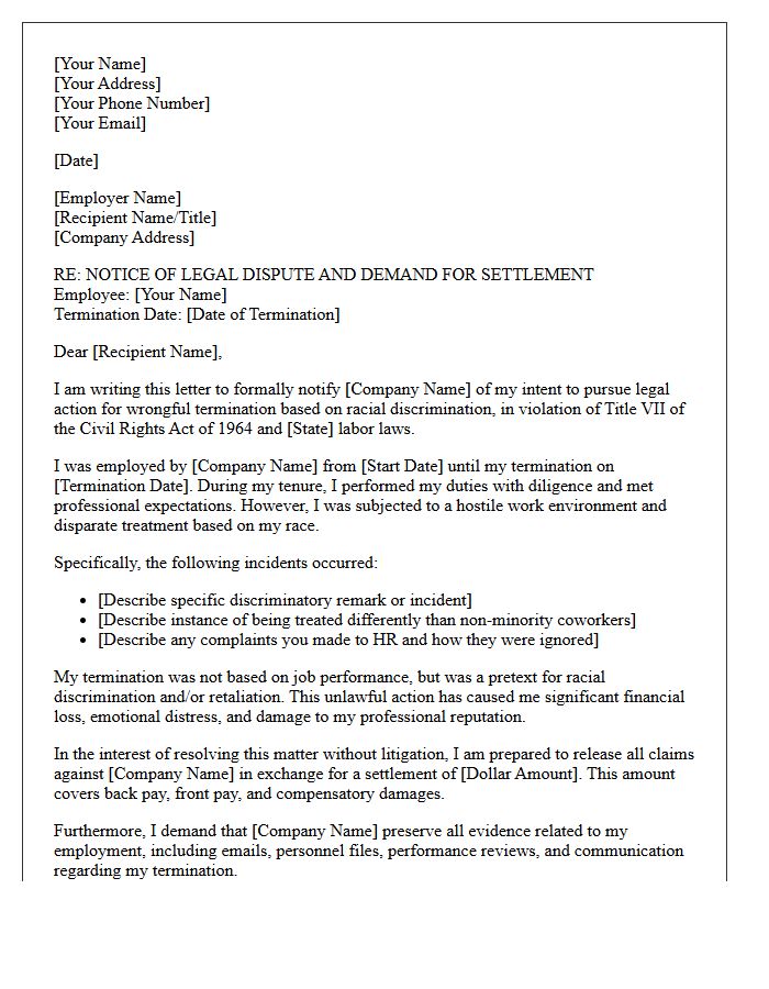 Racial Discrimination Wrongful Termination Demand Letter
