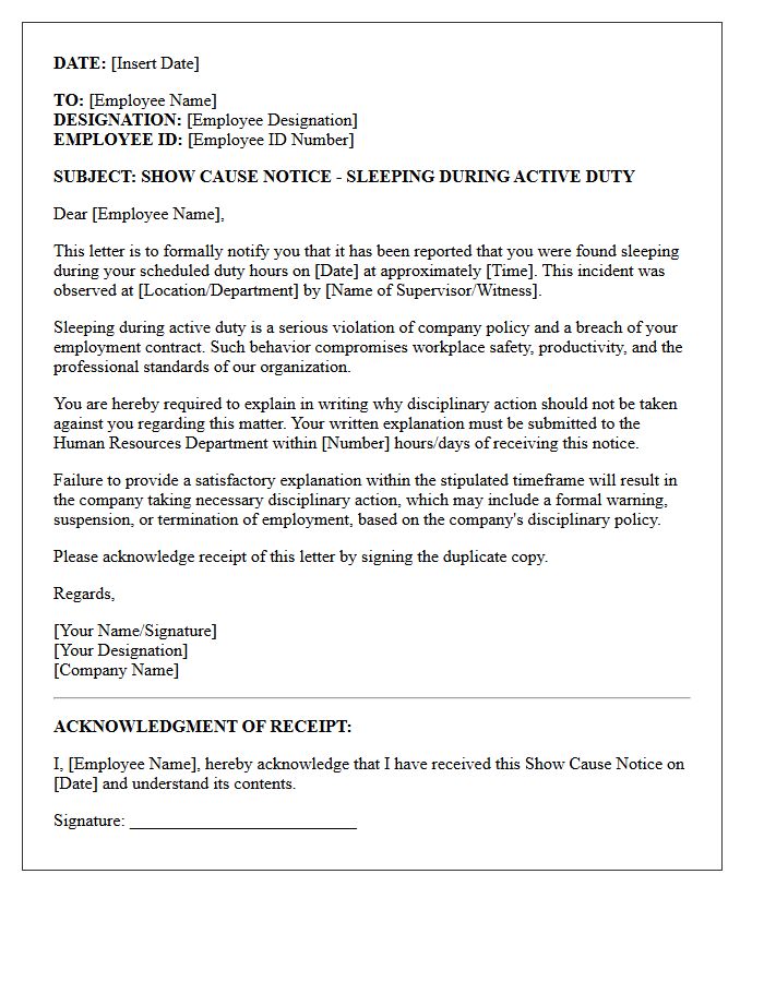 Show Cause Letter for Sleeping During Active Duty