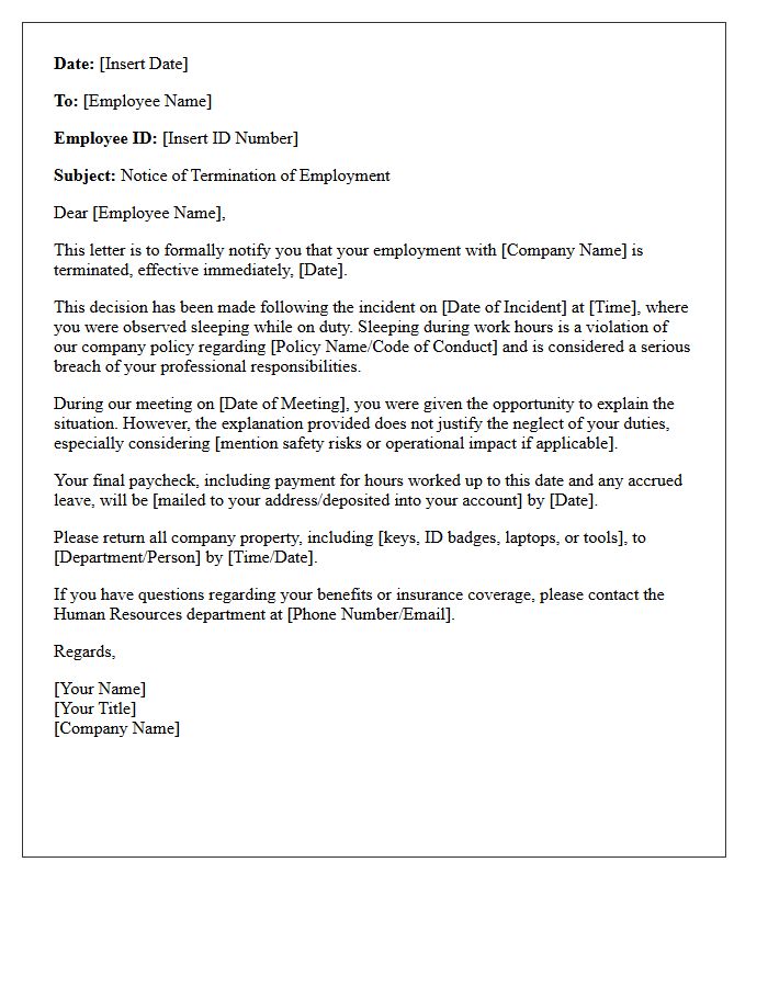 Notice of Termination Letter for Sleeping on Duty