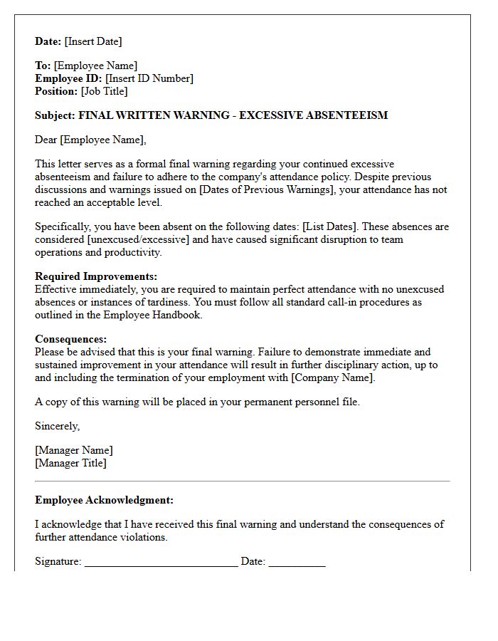 Final Warning Letter Before Termination of Employment for Excessive Absenteeism