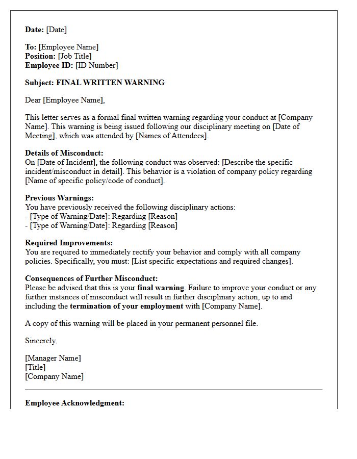 Final Disciplinary Warning Letter Before Termination of Employment for Misconduct