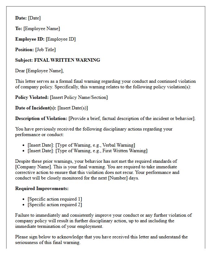 Human Resources Final Warning Letter Before Termination of Employment for Policy Violation