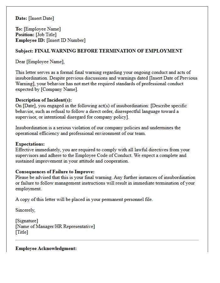 Final Warning Letter Before Termination of Employment for Insubordination