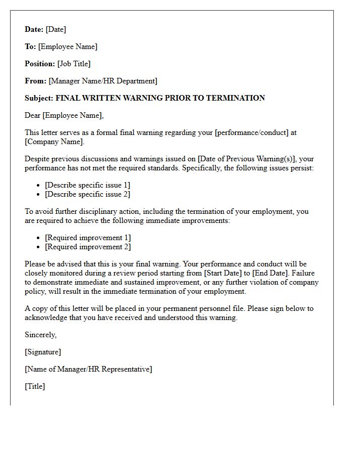 Notice of Final Warning Letter Prior to Termination of Employment