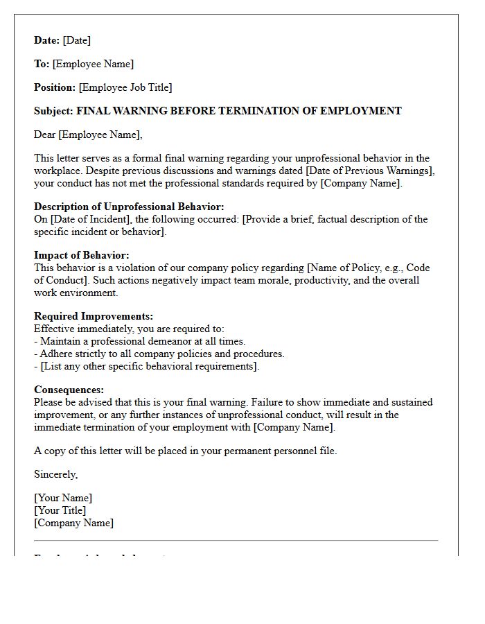 Final Warning Letter Before Termination of Employment for Unprofessional Behavior