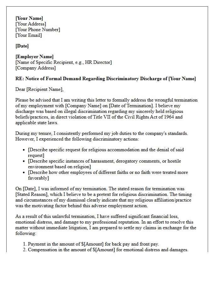Religious Discrimination Wrongful Termination Demand Letter