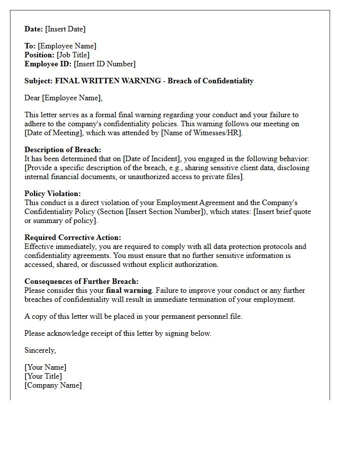 Final Warning Letter Before Termination of Employment for Breach of Confidentiality