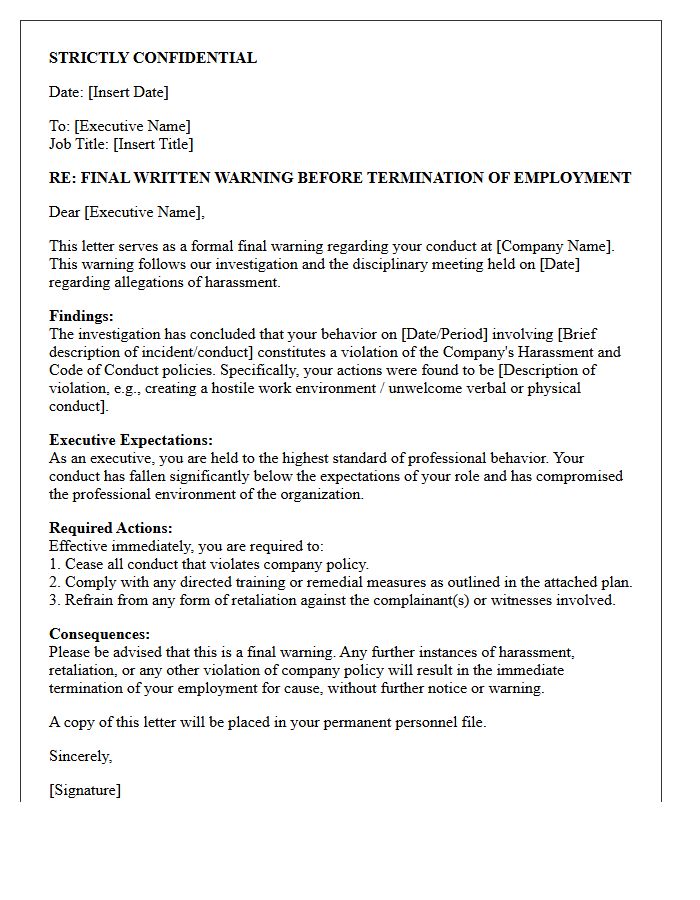 Executive Final Warning Letter Before Termination of Employment for Harassment