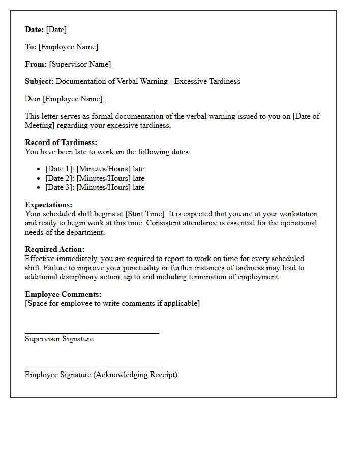 Documented Verbal Warning Letter for Excessive Tardiness