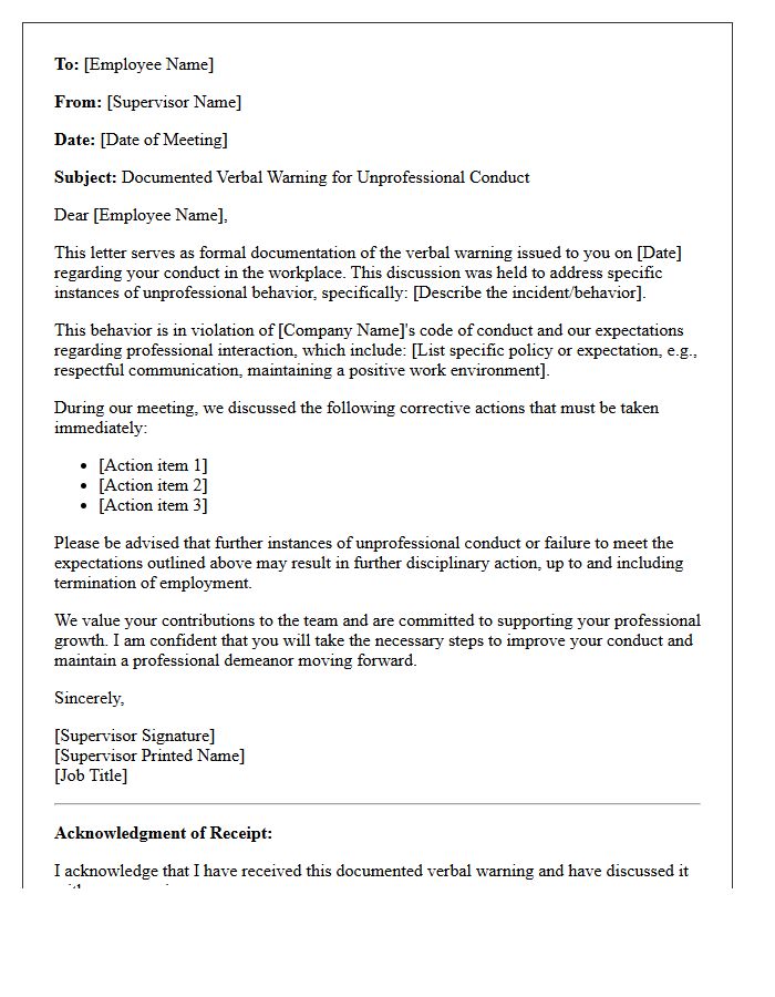 Documented Verbal Warning Letter for Unprofessional Conduct