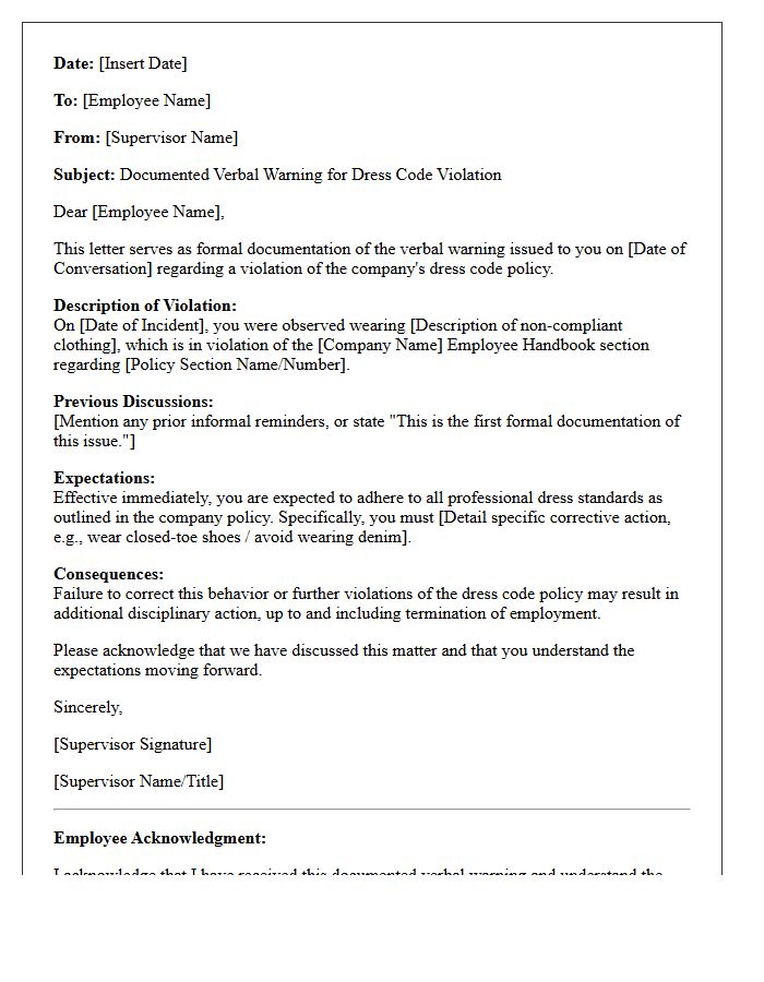 Documented Verbal Warning Letter for Dress Code Violation