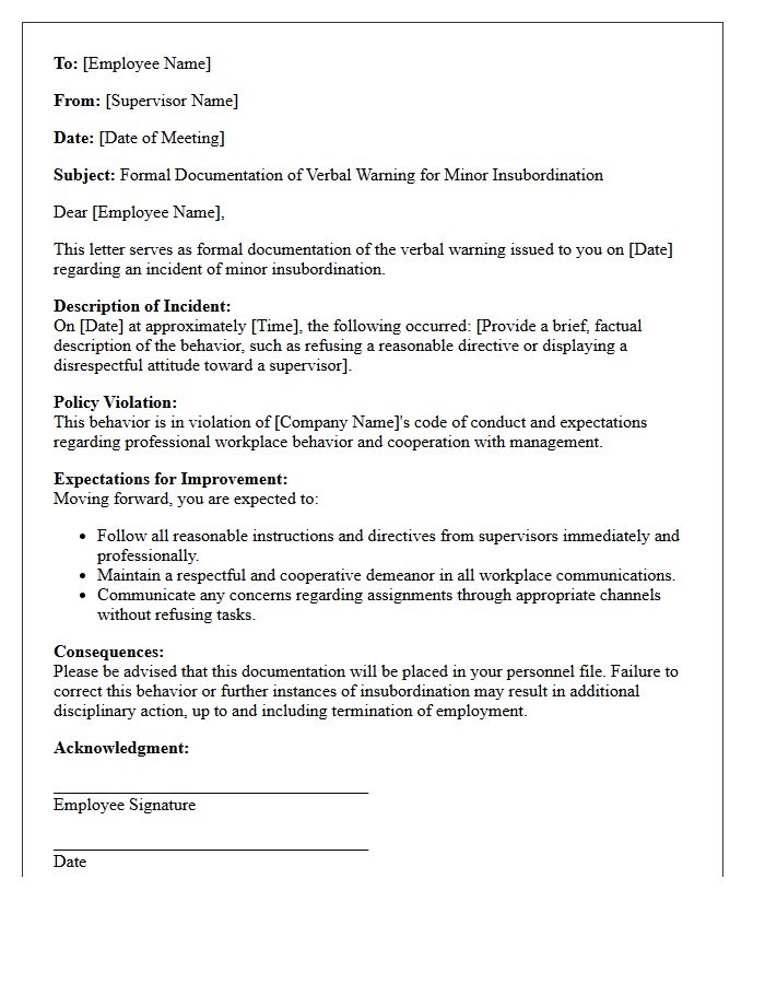 Documented Verbal Warning Letter for Minor Insubordination