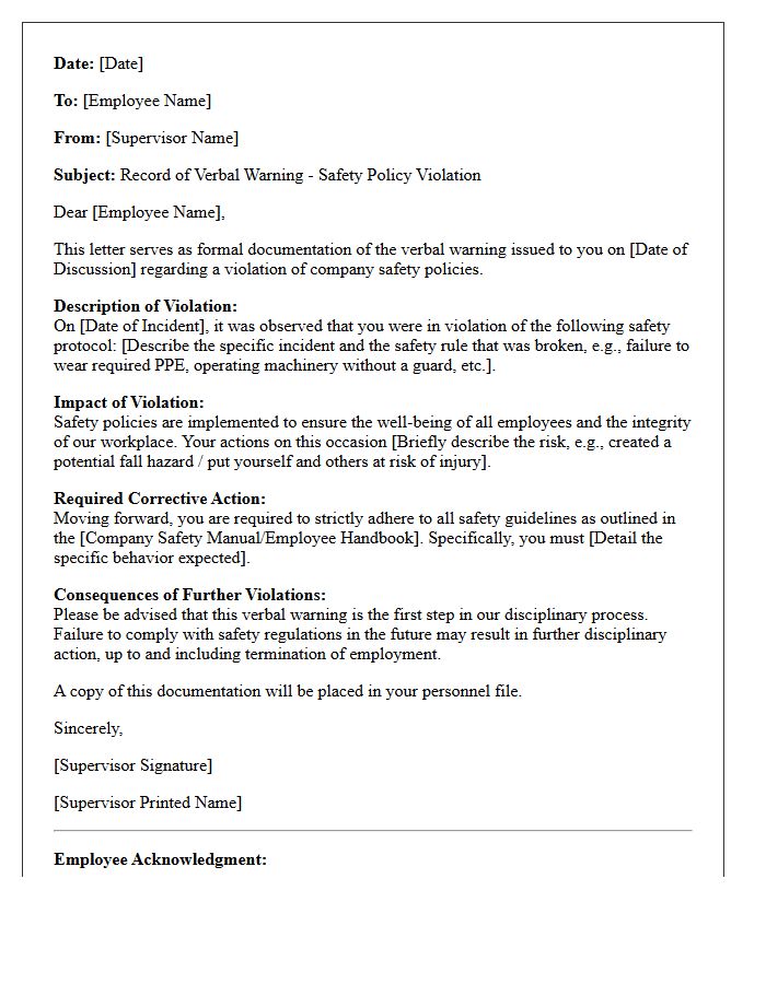 Documented Verbal Warning Letter for Safety Policy Violation