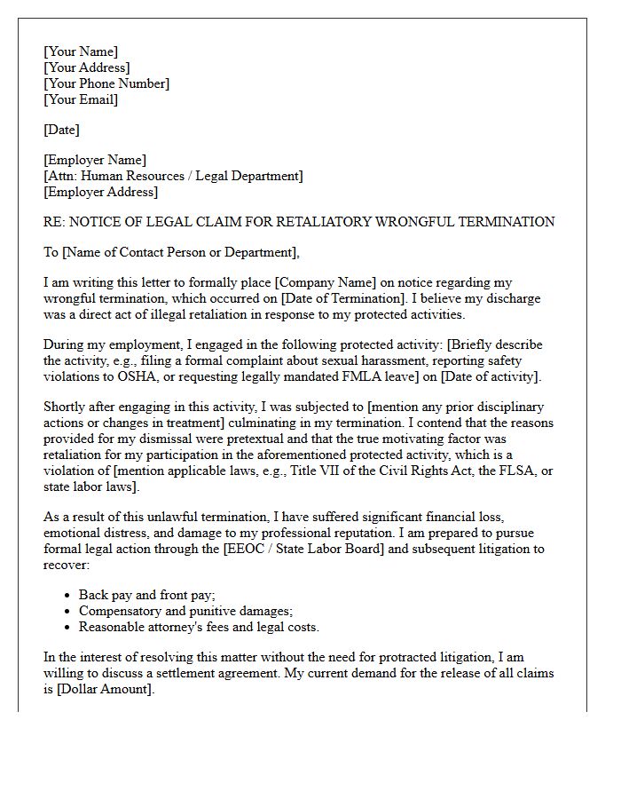 Retaliatory Wrongful Termination Demand Letter