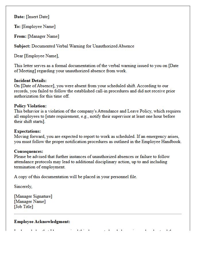 Documented Verbal Warning Letter for Unauthorized Absence