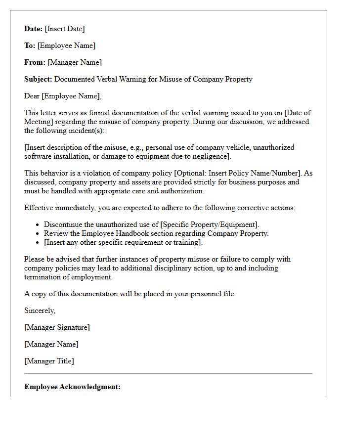 Documented Verbal Warning Letter for Misuse of Company Property