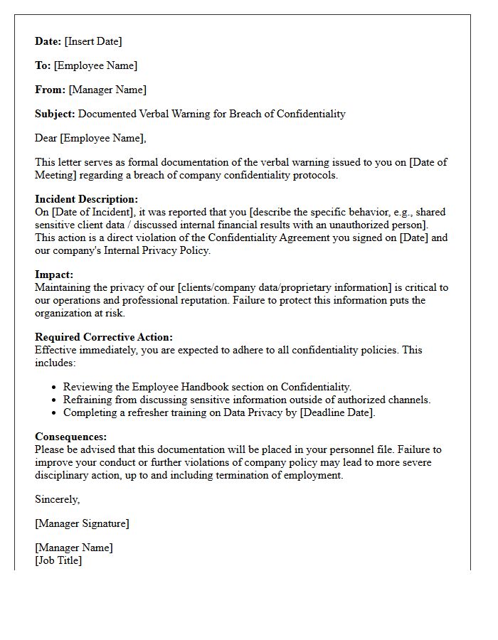 Documented Verbal Warning Letter for Breach of Confidentiality