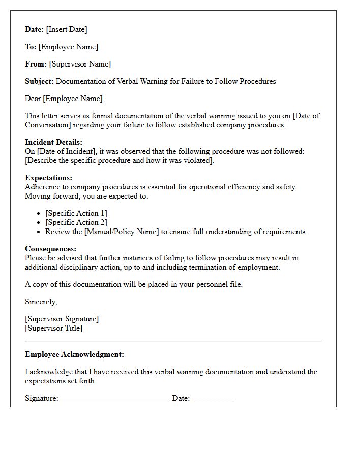 Documented Verbal Warning Letter for Failure to Follow Procedures