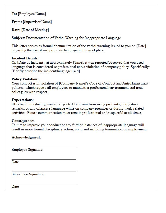 Documented Verbal Warning Letter for Inappropriate Workplace Language