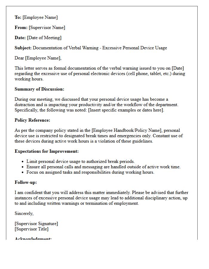 Documented Verbal Warning Letter for Excessive Personal Device Usage