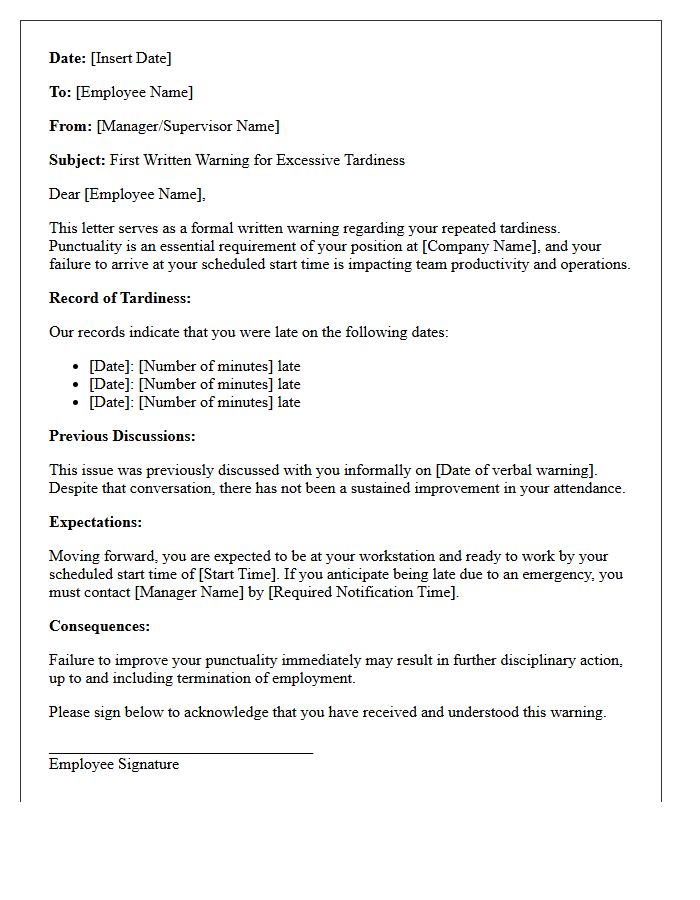 First Written Warning Letter for Excessive Tardiness