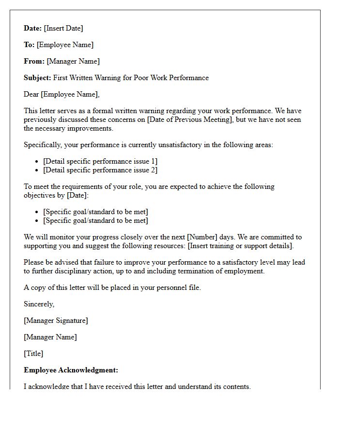 First Written Warning Letter for Poor Work Performance