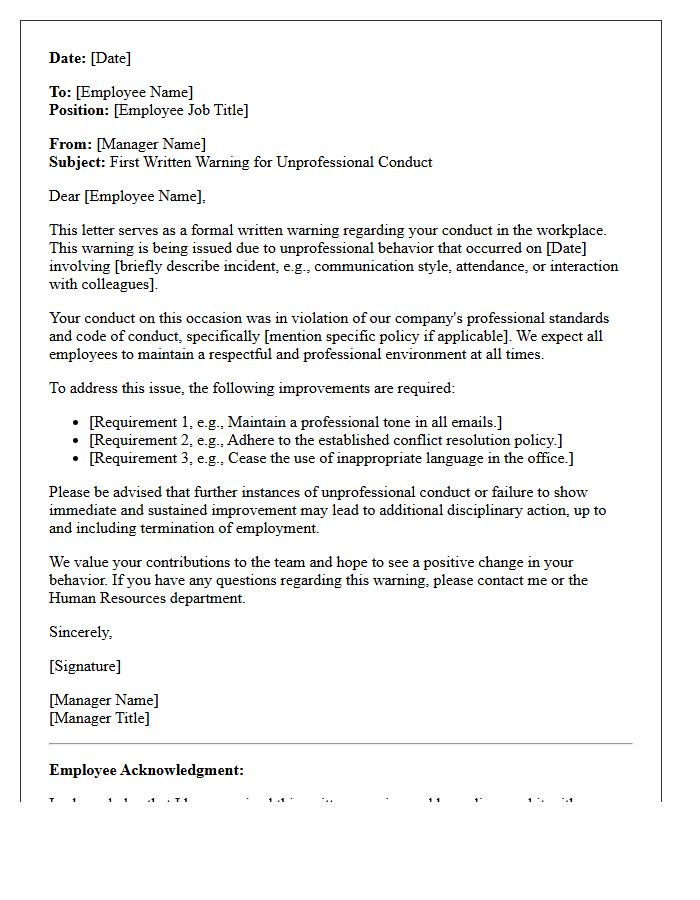 First Written Warning Letter for Unprofessional Conduct
