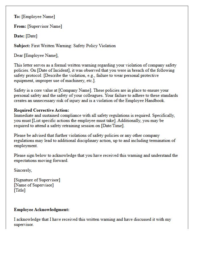 First Written Warning Letter for Safety Policy Violation