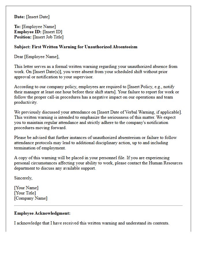 First Written Warning Letter for Unauthorized Absenteeism